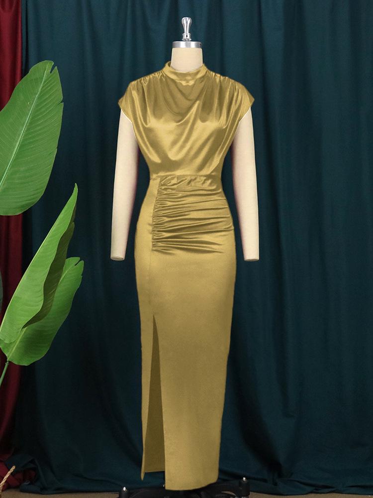 AM211217 High Waist Red Midi Evening Dress - Solid Color, Elegant Style