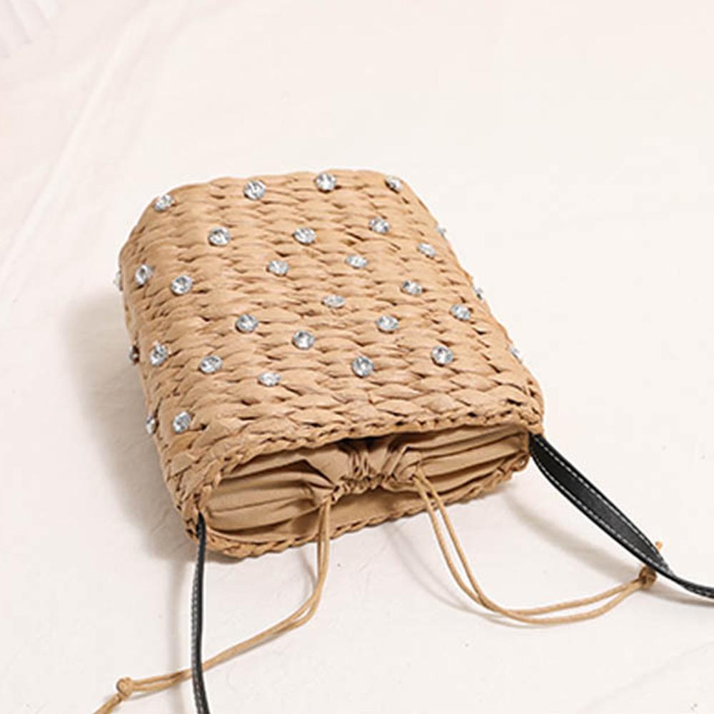 Bohemian Diamond Straw Bags for Women Summer Rhinestone Shoulder Bag Travel Drawstring Beach Bag Woven Crossbody Bags Purses