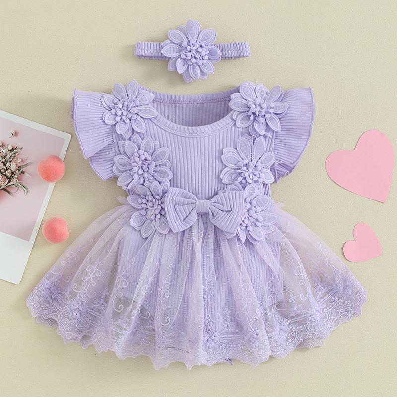 Newborn Baby Girl Romper Dress 2 Pcs Outfits Mesh Lace Patchwork Ruffle Bodysuit and Headband Cute Summer Clothes