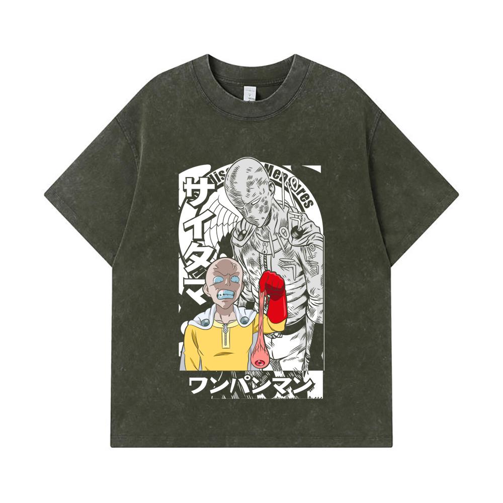 

275 GSM Washed T-shirts 100% Cotton One Punch Man V6 Saitama Print Unisex Heavy Cotton T Shirt S армия зеленый