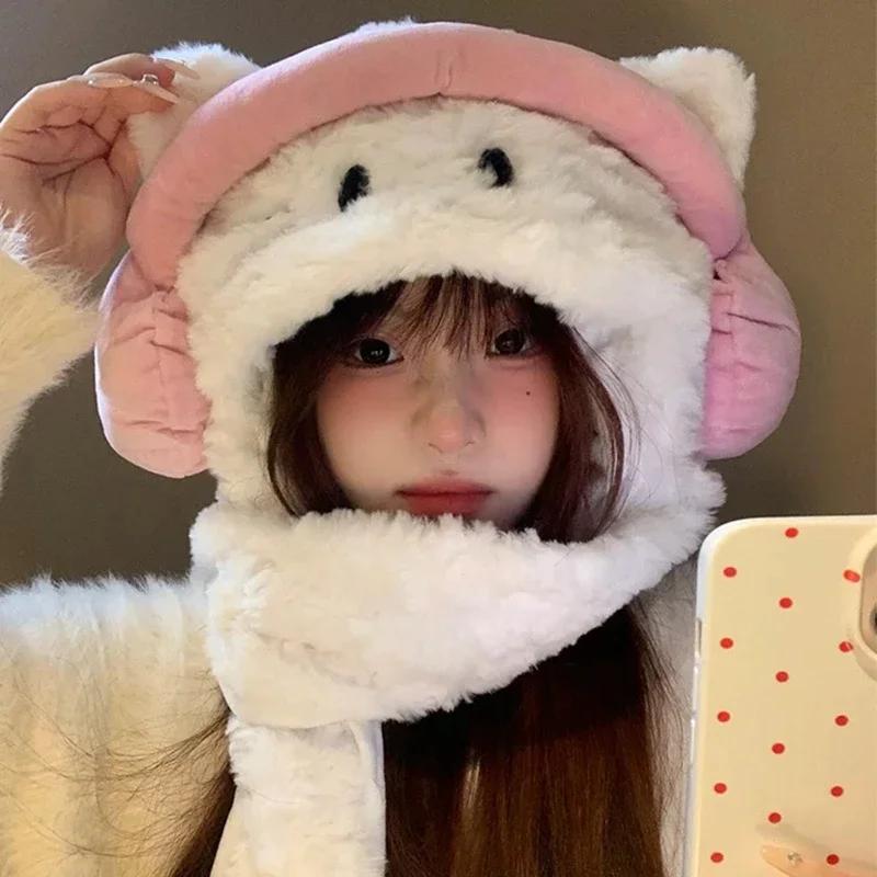 New Korean Sweet Bow Plush Bomber Cap Winter Women Keep Warm Windproof Ear Protection Cute Pom-pom Beanie with Lace