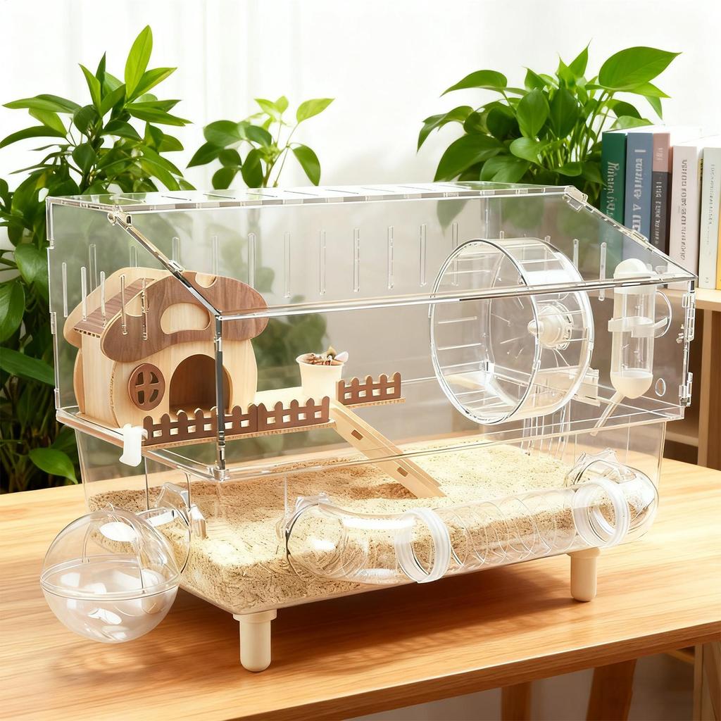 Easy Clean Transparent Double Layer Hamster Cage Large Luxury Villa Exercise Wheel Tank Habitat Spacious House For Small Rodents