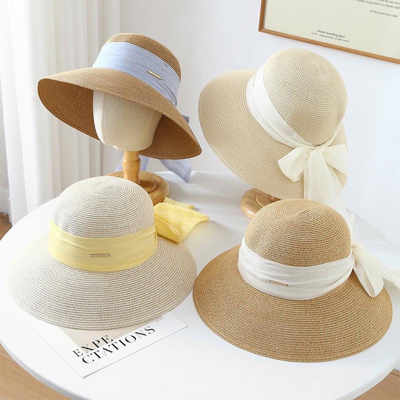 French large brim simple bow straw hat women's spring summer small fresh holiday wind sun hat seaside sun hat