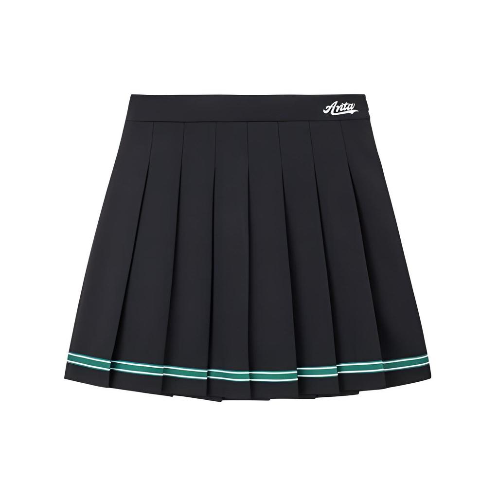 Anta Color Block Mid Waist A-Line Pleated Casual Skirt Women skirts Basic-Black 962428204-2