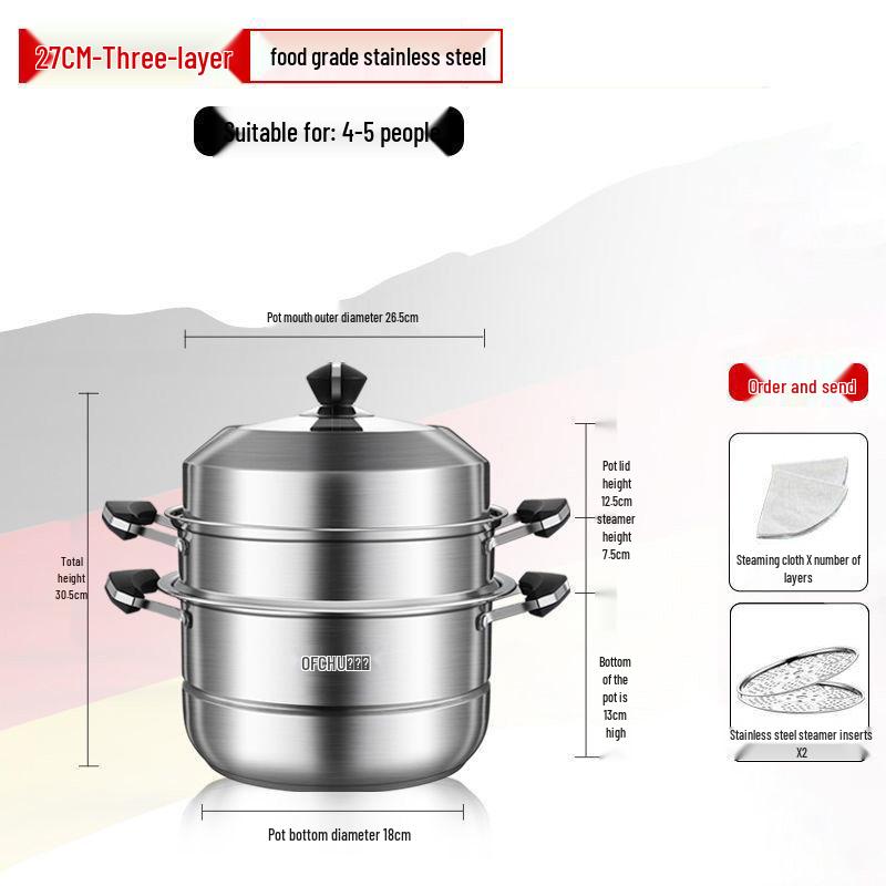 Large 304 Stainless Steel Three-Layer Household Steamer for Induction and Gas Stoves