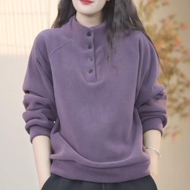 Double-Sided Fleece Autumn/Winter Warm Half-High Collar Sweatshirt: Casual, Versatile, Slimming, Loose, Plus-Size Solid Color Top.