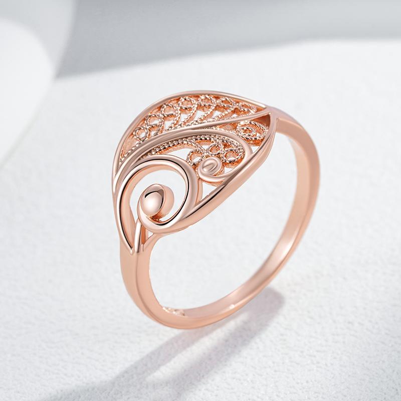Fashion Glossy  Rose Gold Color Bridal Wedding Ring Ethnic Jewelry Unusual Hollow Flower Daily Ring For Women