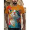 Summer Round Neck 3D Print Animal Cat Pattern Top Fashionable Casual Short Sleeved Men's T-shirts