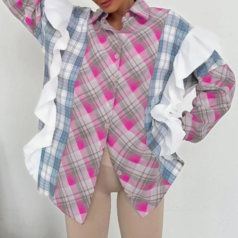 

VONDA Женские винтажные рубашки с воротником-стойкой и длинным рукавом в клетку L розовый