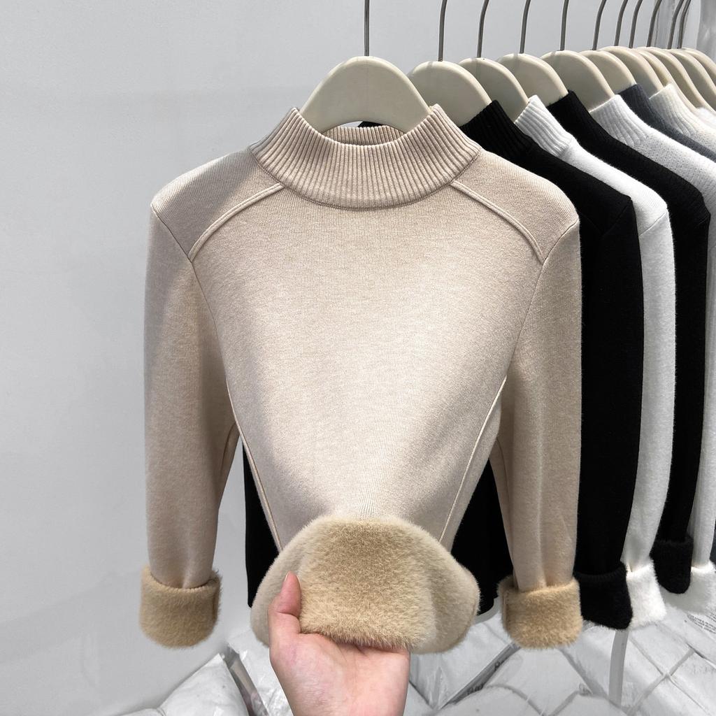 Fleece and Thickened Integrated Fleece Sweater Women's Soft Waxy Semi-turtleneck Bottoming Shirt Autumn and Winter Fish Bone Design Sense Inner Top