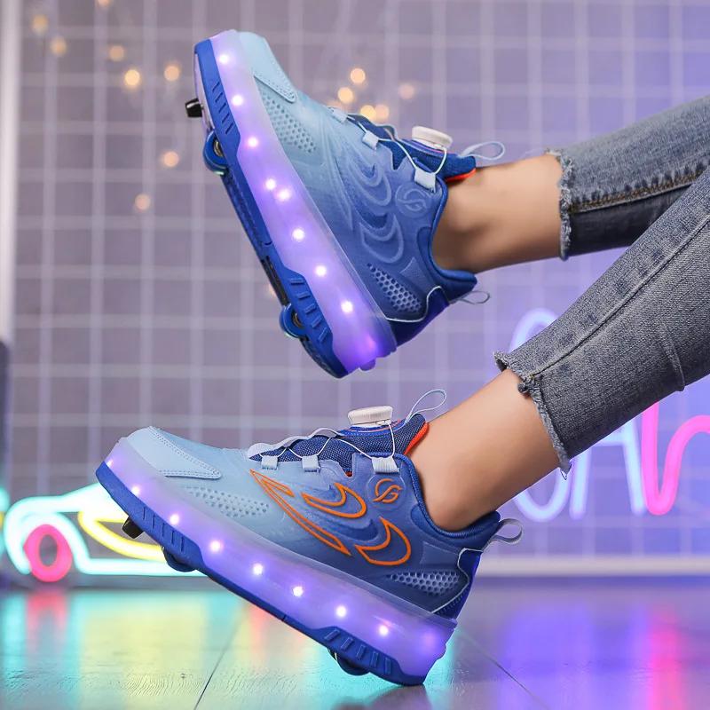 

Детские светодиодные кроссовки для ходьбы, двухрядные четырехколесные роликовые коньки, обувь для катания на льду, унисекс, детская обувь на колесиках 38