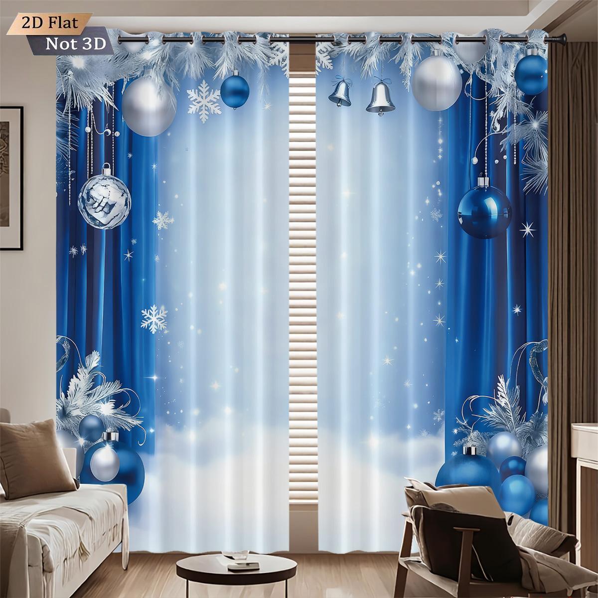 

2pcs Merry Christmas, blue ball print, perforated blackout curtains, multi size living room and bedroom insulation decoration 140x160&Grommet Top