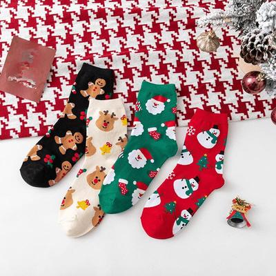 Weihnachtssocken, Damen Herbst- und Winter-Cartoon-Mittelwaden-Socken, Weihnachtsmann, Rentier, Schneemann, Niedliche Große Rote Socken