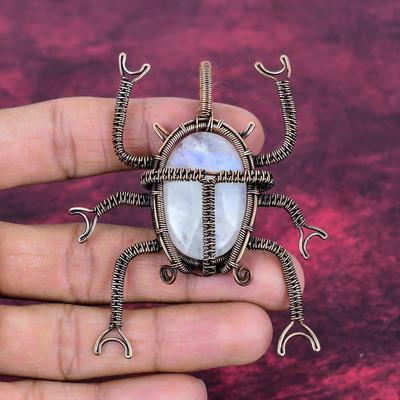 Rainbow Moonstone Pendant Copper Wire Wrapped Jewelry Beetle Gemstone Pendant