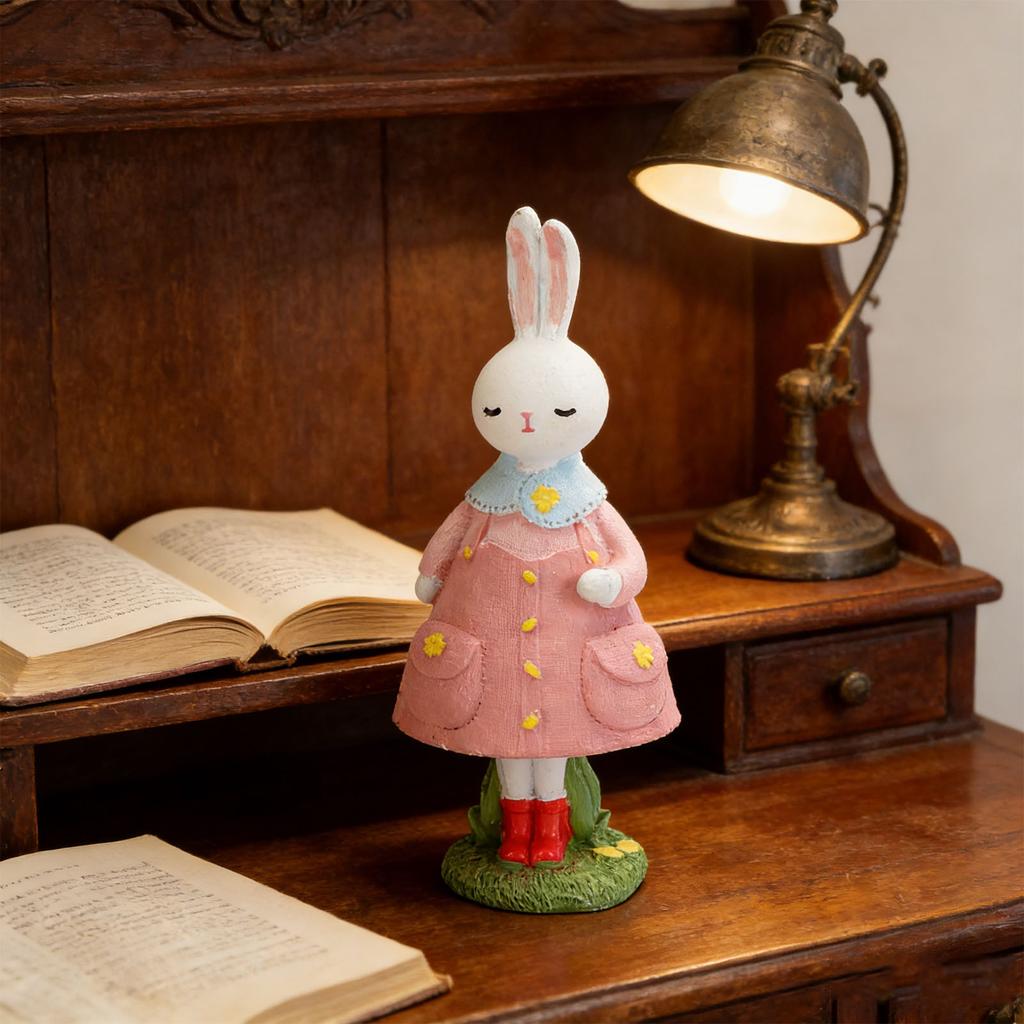 Cute Girl Bunny Resin Figurine Table Statue Decoration Easter Bunny Sculpture Statue for Living Room Bedroom Garden Pink