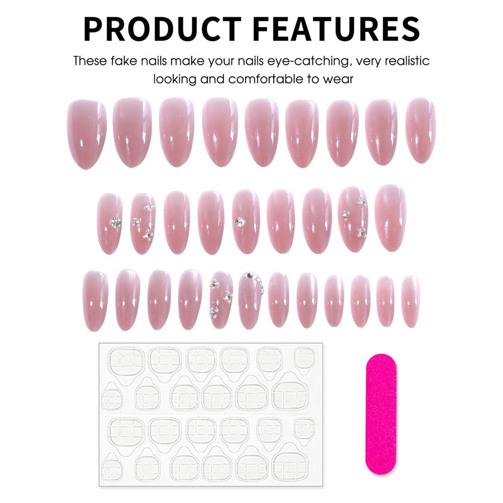 30pcs Press on Nail Almond Fake Nails with Glitter & Rhinestone Decor Artificial Nails for Fingernail DIY Decoration