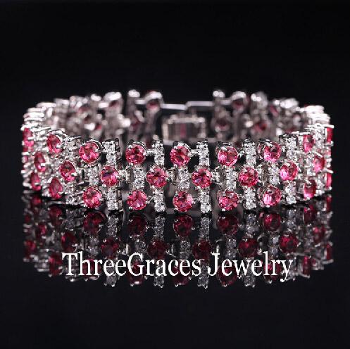

ThreeGraces Jewelry Fashion White Gold Color Luxury White and Royal Blue CZ Crystal Stone Big Bracelets Bangles for Women BR038 18CM червоний