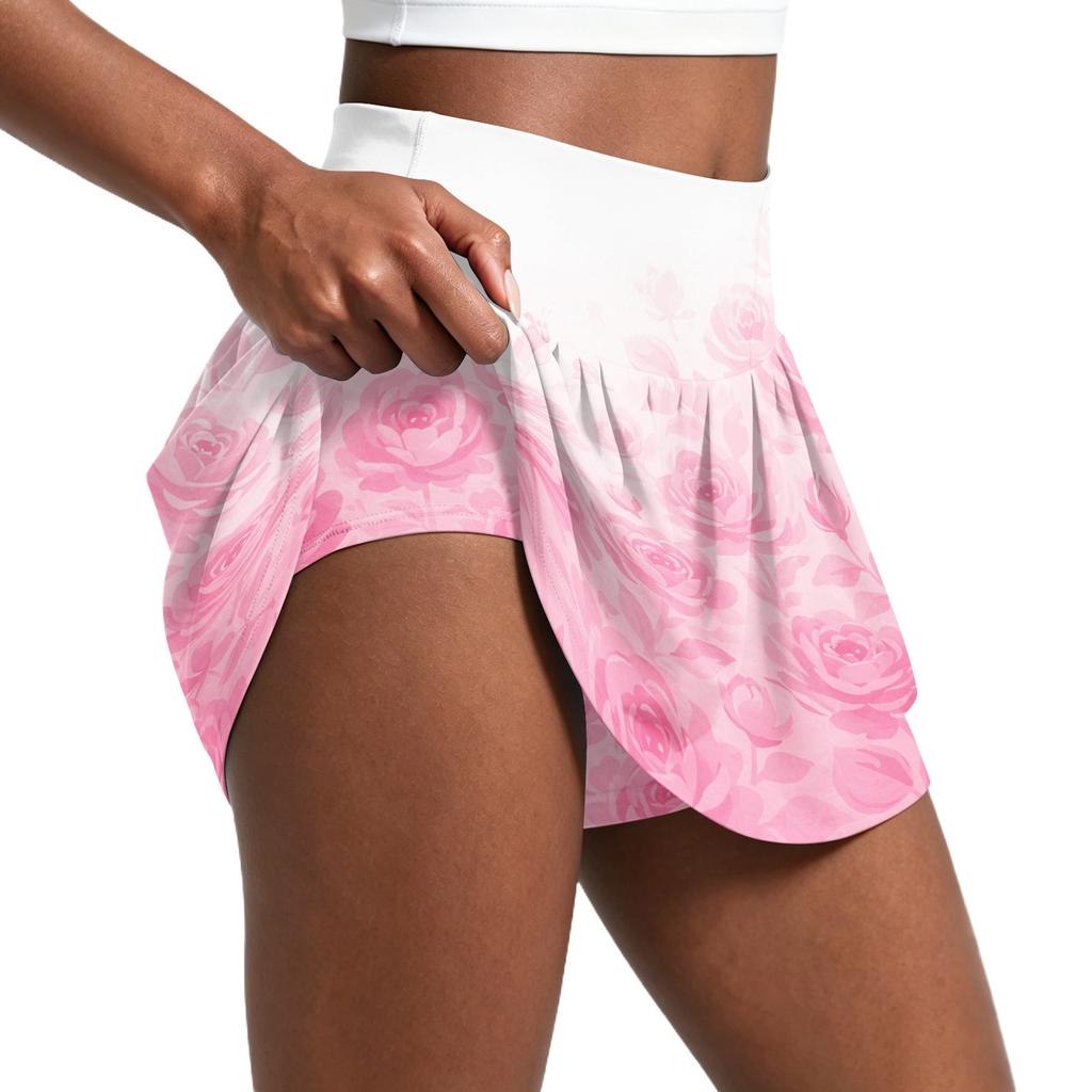 Damen Faltenrock mit Blumenmuster und integriertem Hosenrock Sportlicher Tennis-Skort zum Laufen, Yoga, Fitness, Freizeit