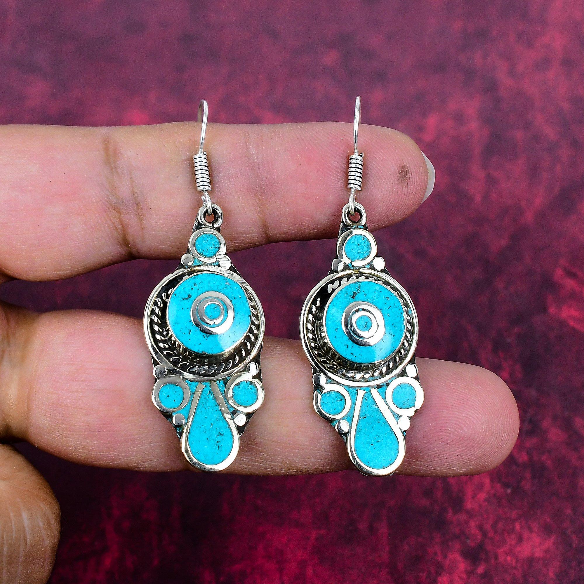 

Turquoise 925 Solid Sterling Silver Earrings, Handmade Gemstone Nepali Earrings Jewelry, Gifts For Wife Brand New Earrings 2.16 Inches