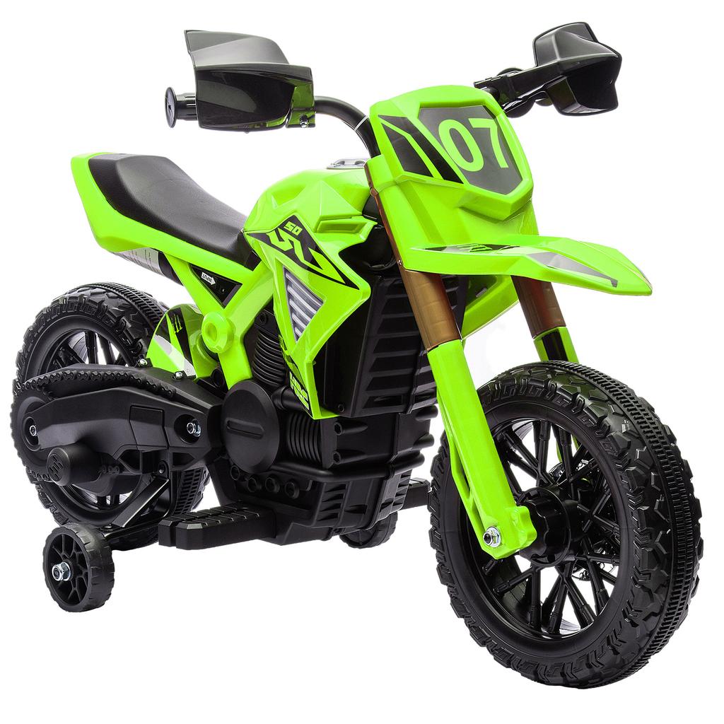 Motocicletta Elettrica per Bambini, Alimentata a Batteria 6V, Ruotine di Supporto, Clacson, Suono di Avviamento, 3-8 Anni, Verde