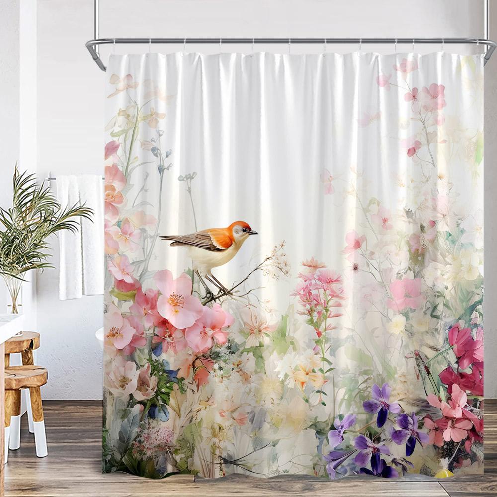 Bird Cartoon Shower Curtain Oil Painting Flower Leaf Tree Animal Print Spring Summer Bathroom Decor Modern Floral Bath Curtain