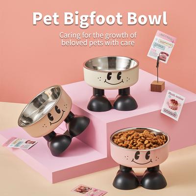 A Smiling Face Highlegged Pet Bowl Fashionable Stainless Steel Largecapacity Dog Bowl For Feeding And Water Neckprotectin