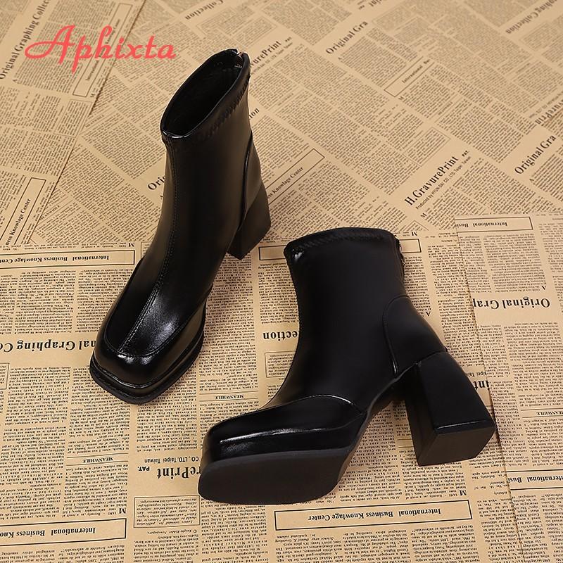 Aphixta Classic Platform Woman Ankle Boots Square Toe Back Zipper 7cm High Heels Sewing Modern Boot Autumn Winer Ladies Shoes