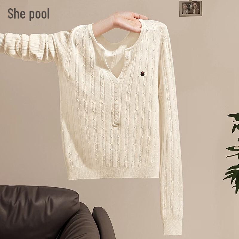 

Women s Ice Silk Half-Button Long Sleeve Embroidered Knit Top One Size