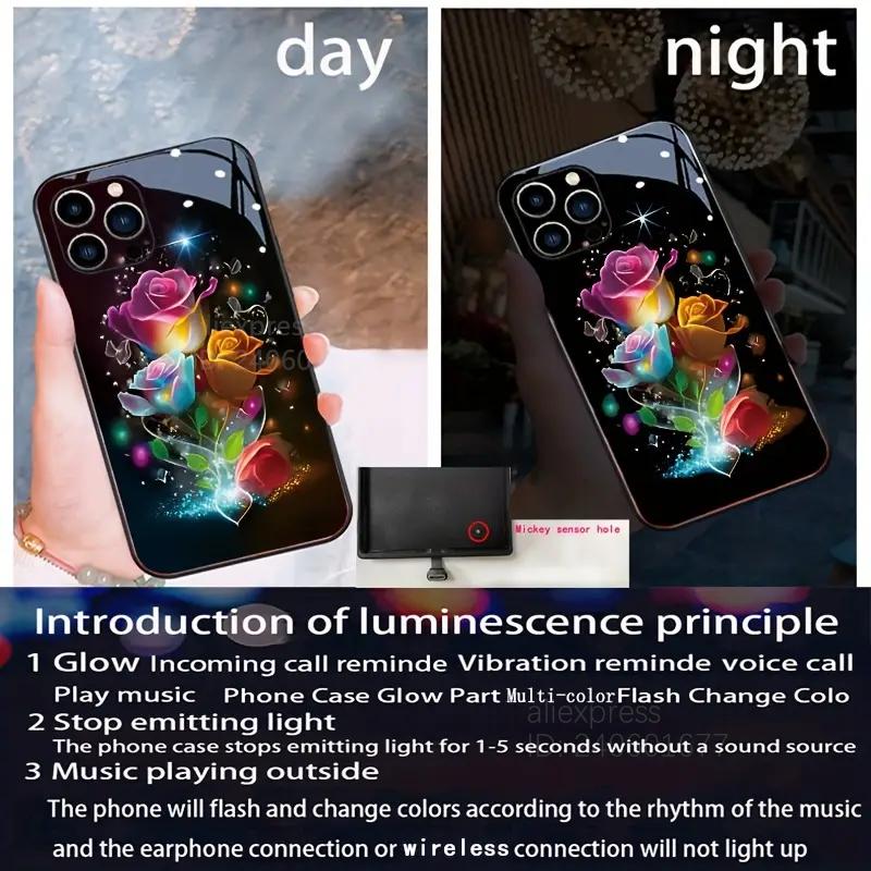 Flower Rose LED Light Luminous Phone Case For iPhone 16 15 12 13 14 X Xs Xr Mini Pro Max Plus Tempered Glass Glow Back Cover