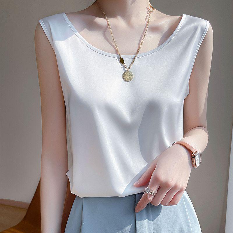 Women's Loose Silk Camisole Vest - Sleeveless Satin Round Neck Top for Summer