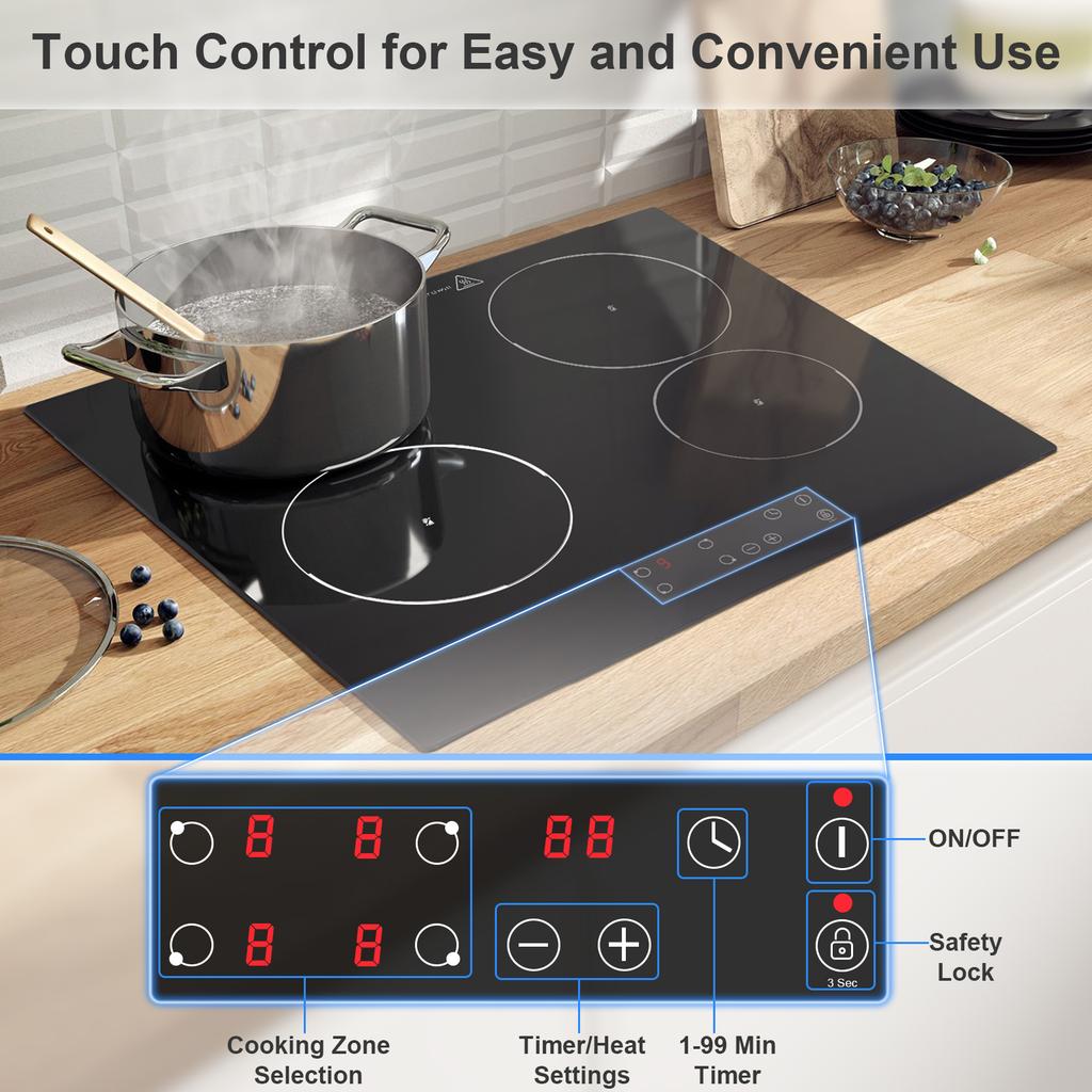 60 cm Ceramic Glass Cooktop, 4 Burner 6000W Built-in Touch Control, 9 Power Settings, 1-99 Min Timer