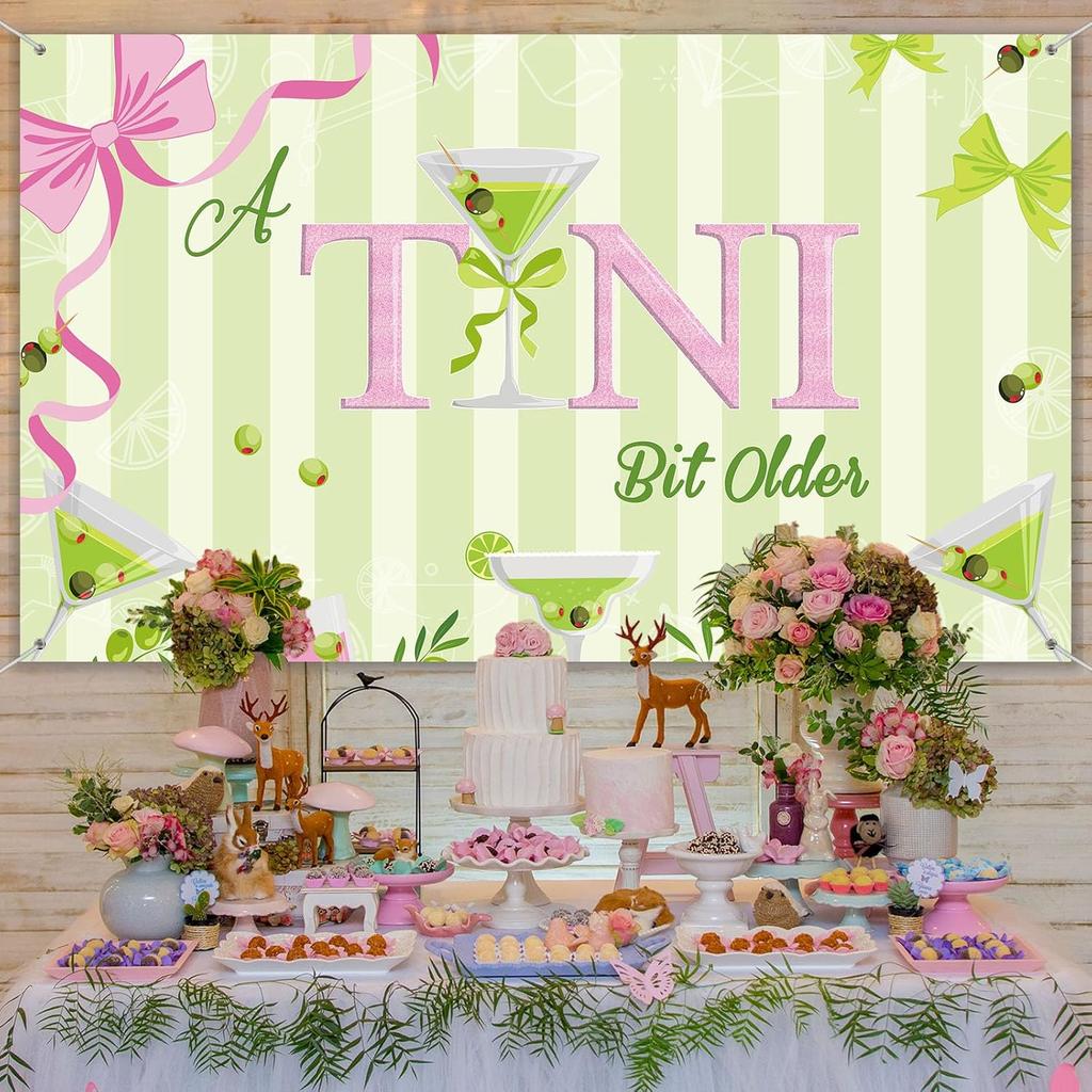 Tiamon a Tini Bit Older Party Decorations Martini Bow Birthday Backdrop Banner Large Fabric Green Pink Martini Bar Birthday Photo Backdrop for