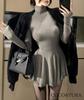 Coco Yuka Tight Flared Mini Dress with Long Sexy and Cute Knitted Mini Dress Size & Women's High-Neck Sleeves, (Gray, M)