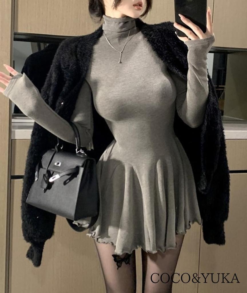 Coco Yuka Tight Flared Mini Dress with Long Sexy and Cute Knitted Mini Dress Size & Women's High-Neck Sleeves, (Gray, M)