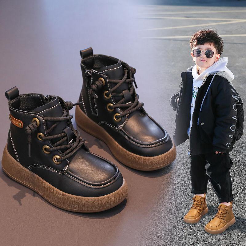 Boys' Martin boots 2025 autumn/winter new British-style booties with fleece and thickened cotton shoes, children's leather boots