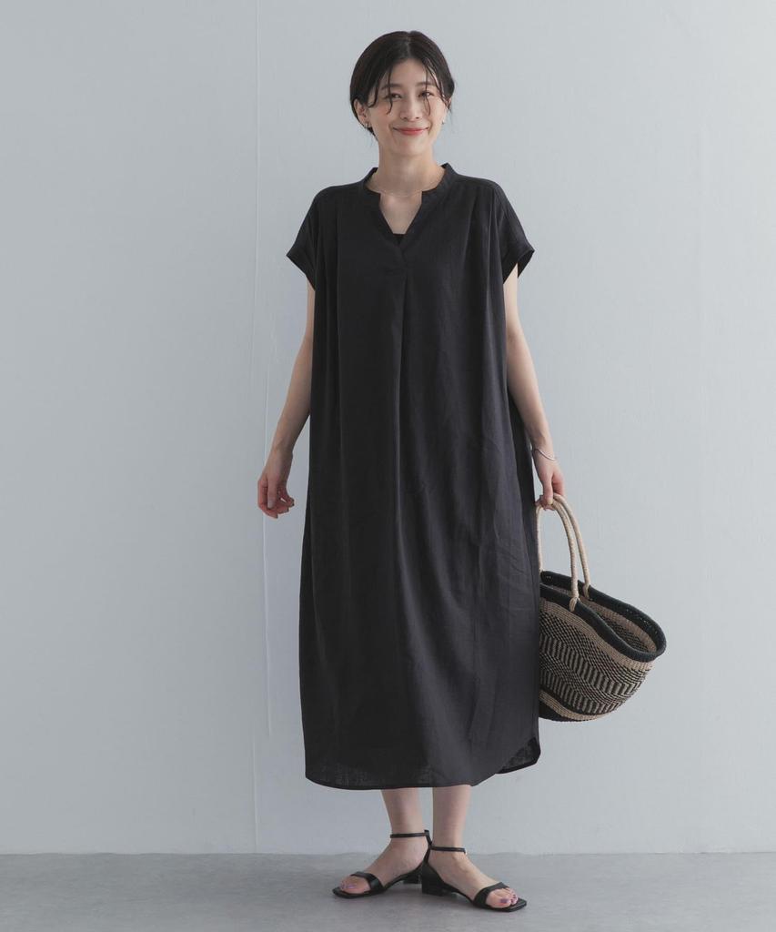 Research Linen Rayon Skipper French Free Size [Urban Doors] Dress, Women's DR26230-2061506, Black,