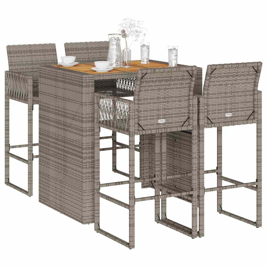 5 Piece Garden Bar Set without Cushions Grey Poly Rattan & Acacia