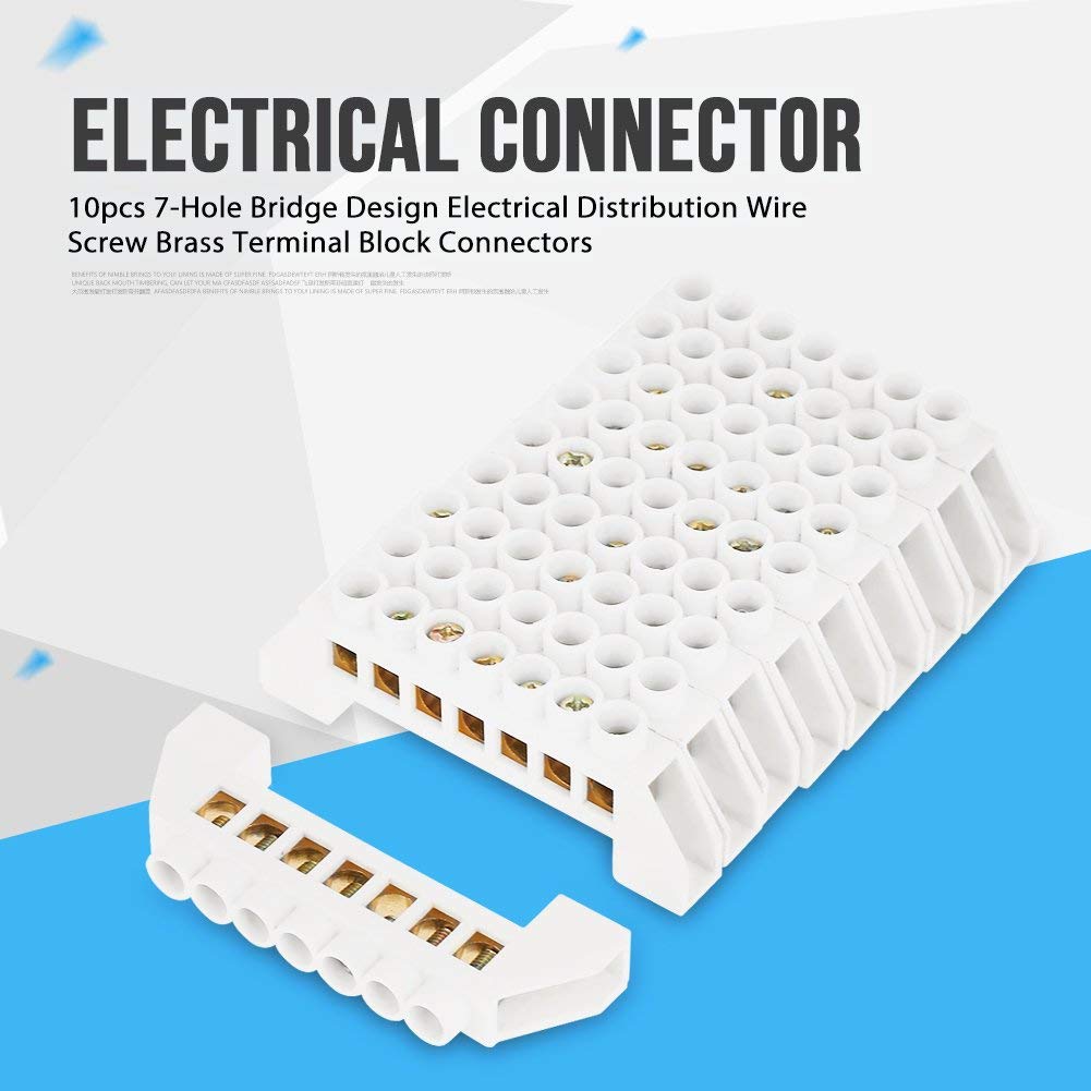 Hilitand 10pcs Terminal Blocks, 7 Hole Bridge Design Electrical Distribution Wire Screw Brass Terminal Block Connectors
