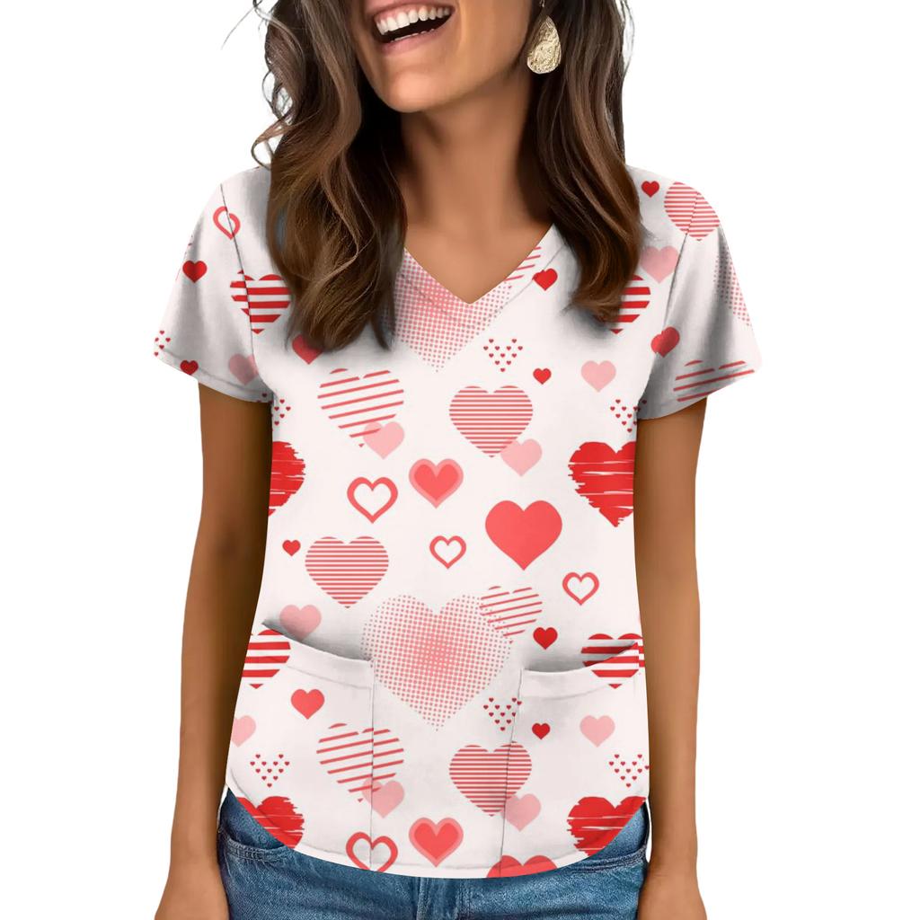 Women's V-neck Valentine's Day Printed Short-sleeved Top With Pockets And Side Slits, Suitable For Caregivers.