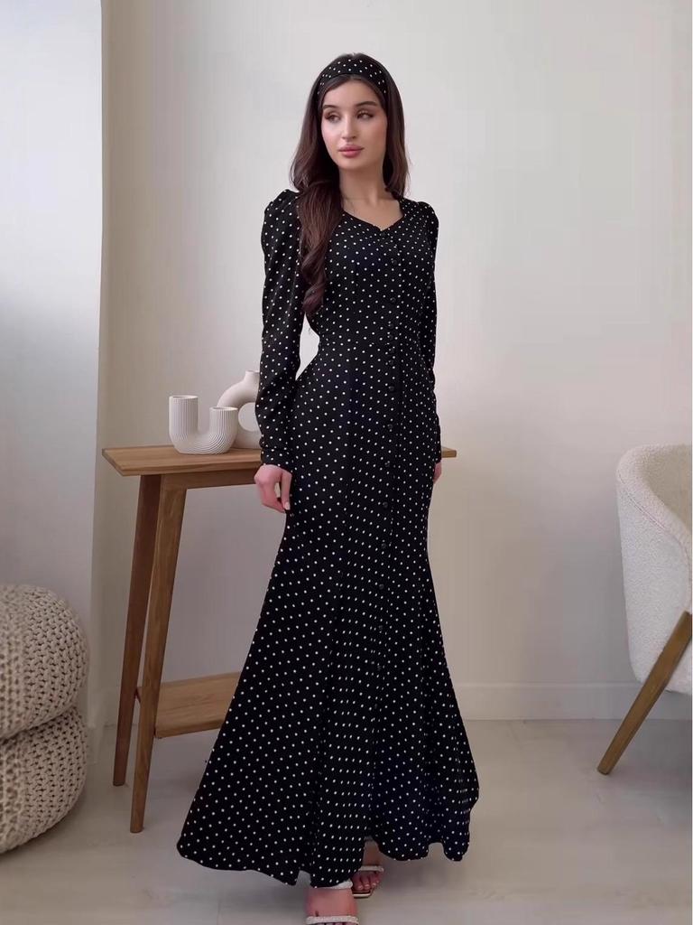 2025 Autumn Long Sleeve Square Neck Polka Dot Slimming Dress