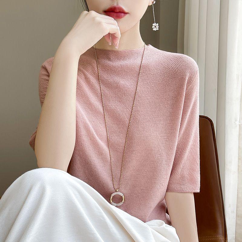 

Tencel Half Sleeve Summer Thin Pure Color Loose Tops Pink M