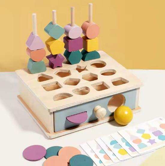 Montessori Wooden Drawer Box Early Education Textile Drum Pressure Ball and Puzzle Toys for Kindergarten
