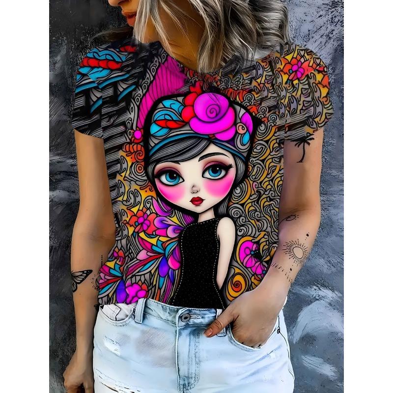 

Ladies T-shirt Cartoon Animals 3D Printing Fashion Women s Short Sleeve Round Neck Casual Comfortable Top XS