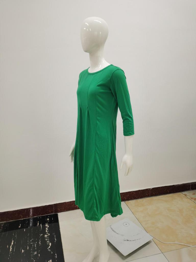 2024 Damen Sommer Mode Rundhals Mittellange Ärmel Einfarbig Großes Schwingkleid