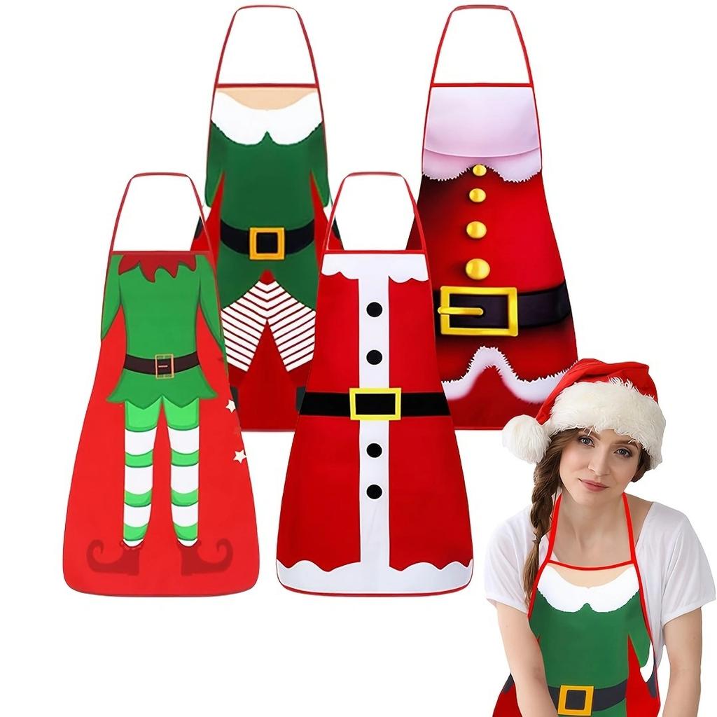 4Pcs Christmas Apron Waterproof Oilproof Funny Novelty Kitchen Cooking Aprons Festive Party Dinner Cosplay Decoration