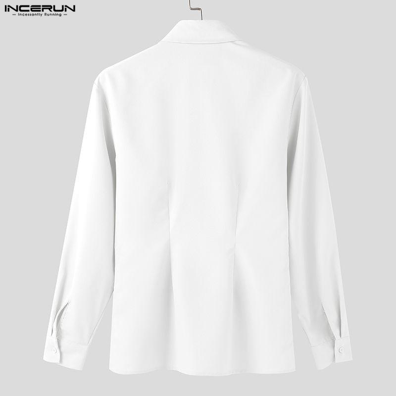 INCERUN Spring Men Tie Lapel Neck Long Sleeve Casual Loose Oversized Shirts Tops