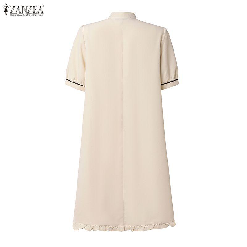 ZANZEA Women Casual Stand Collar Loose A-Line Short Sleeve Dress