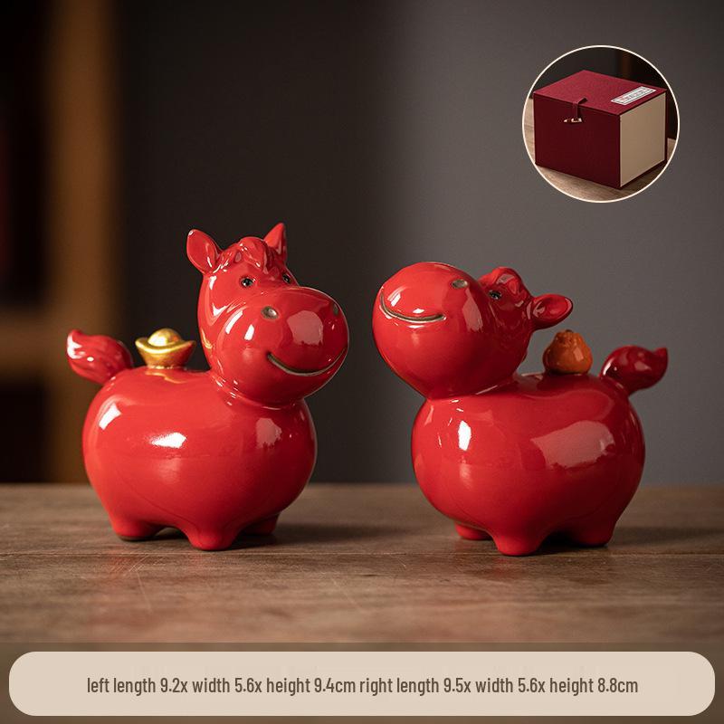 Coppia di Figure di Cavallo in Ceramica Rossa Tang - Mascotte Anno Zodiacale Arredo Tavolo