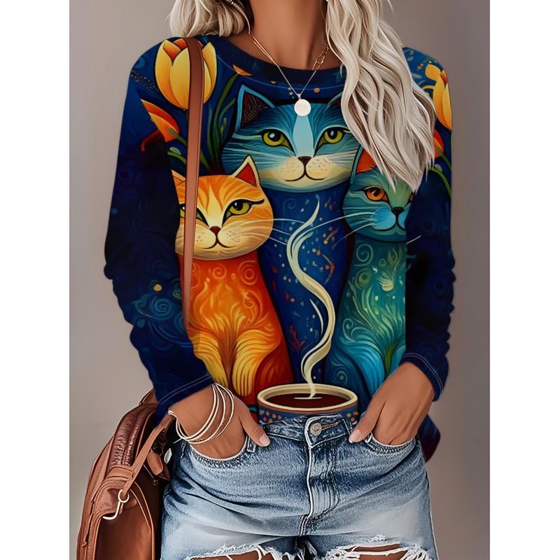 Womens Loose Fit Long Sleeve Round Neck Tee With 3D Peacock Cat Print - Milk Silk Fabric 2025 Casual Top