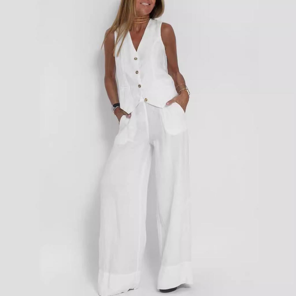 Fashion Vest, Pants, Patchwork, Cotton and Linen Casual Suit for Women